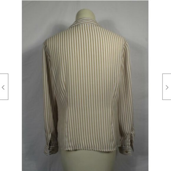 Kathy Che Tan + White Stripe Blouse Ruffle Trim M - Picture 4 of 5